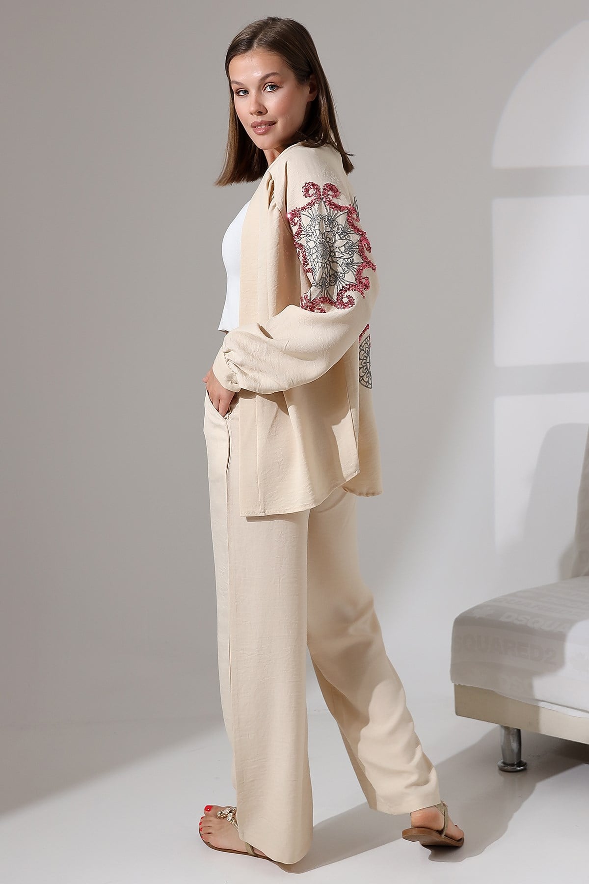 Seyla İşlemeli Keten Kimono Takım - Taş