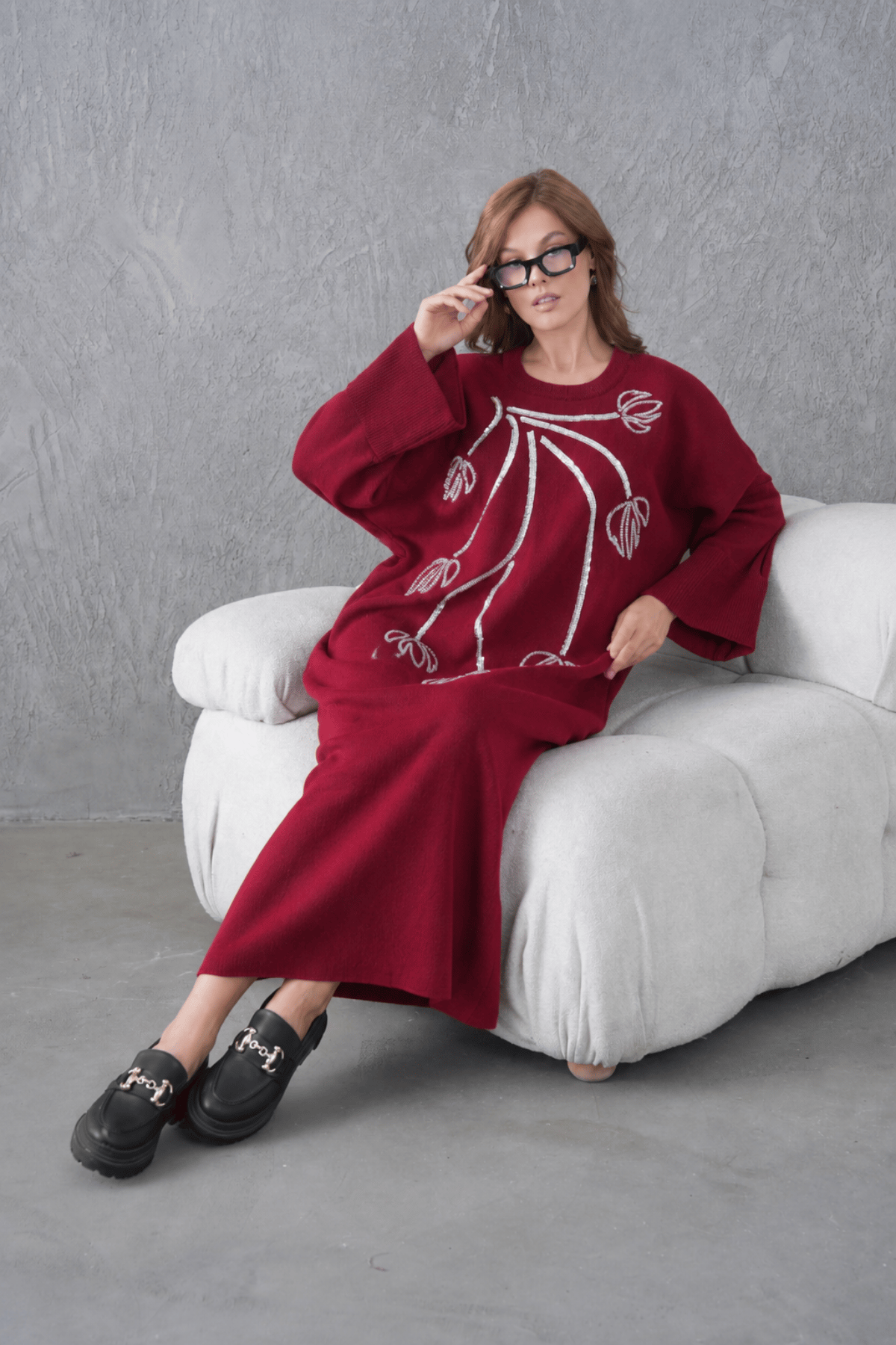 Solniva İşlemeli Triko Elbise - Bordo