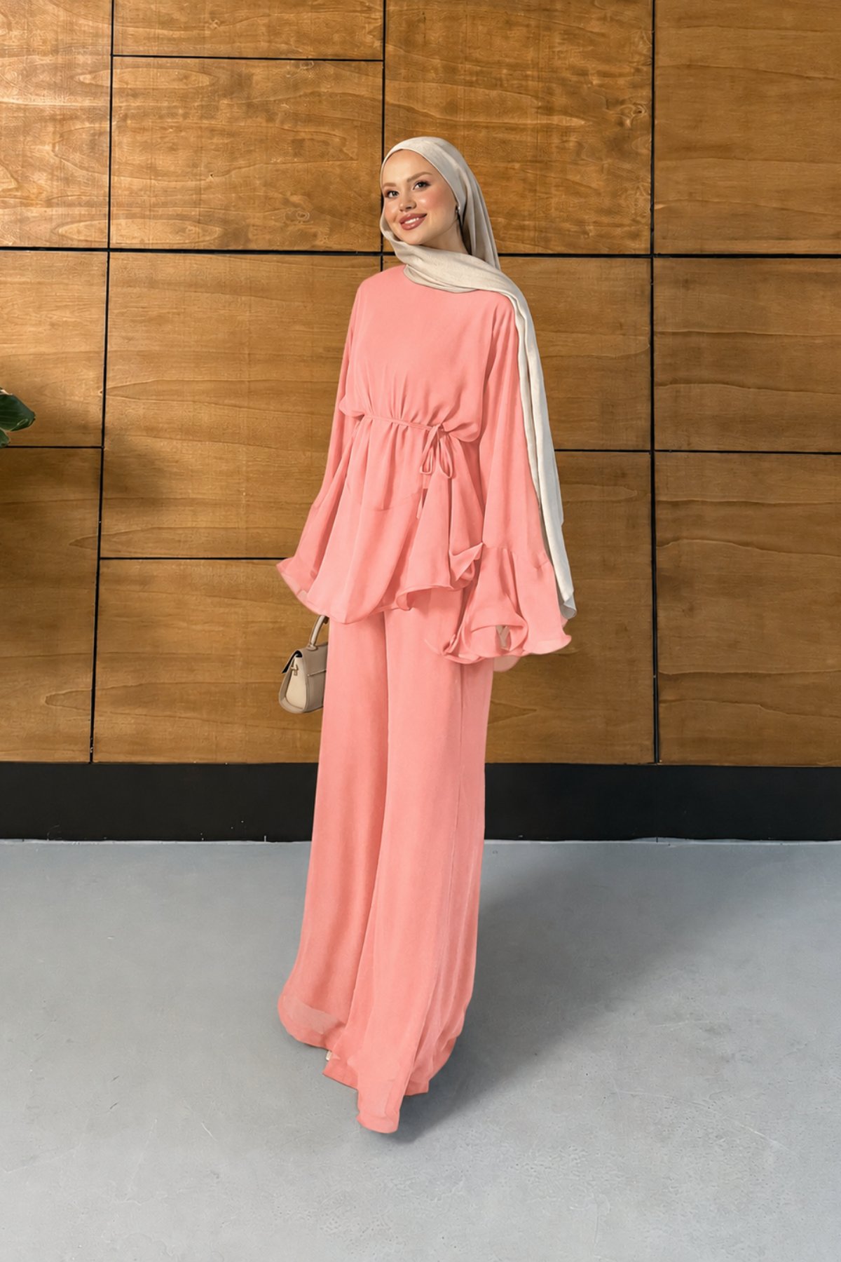 Sorel Volanlı Şifon Takım - Pembe