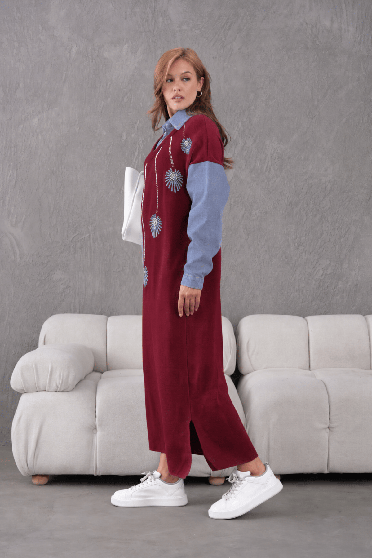 Sovneli İşlemeli Kolu Kot Triko Elbise - Bordo
