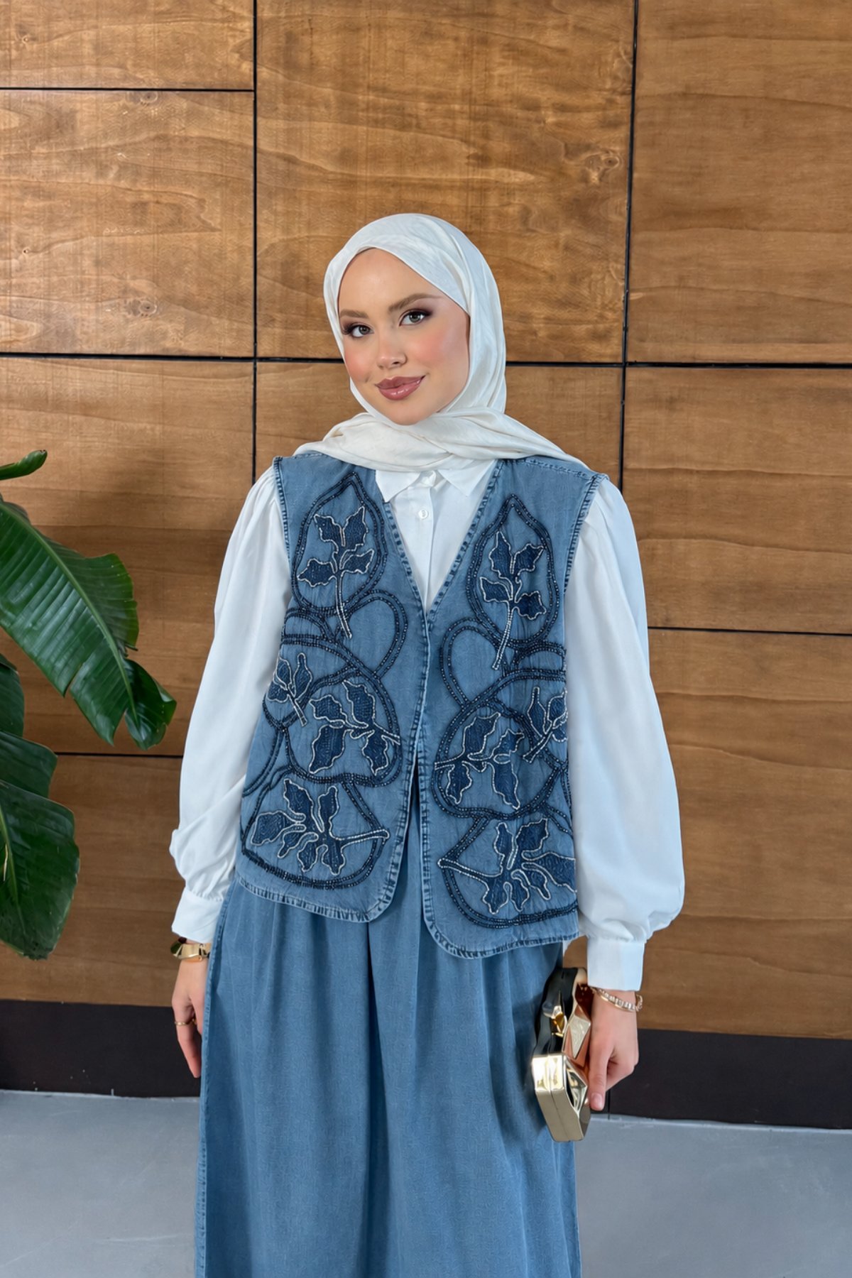 Vella İşlemeli Kot Yelek Etekli Takım - Koyu Mavi