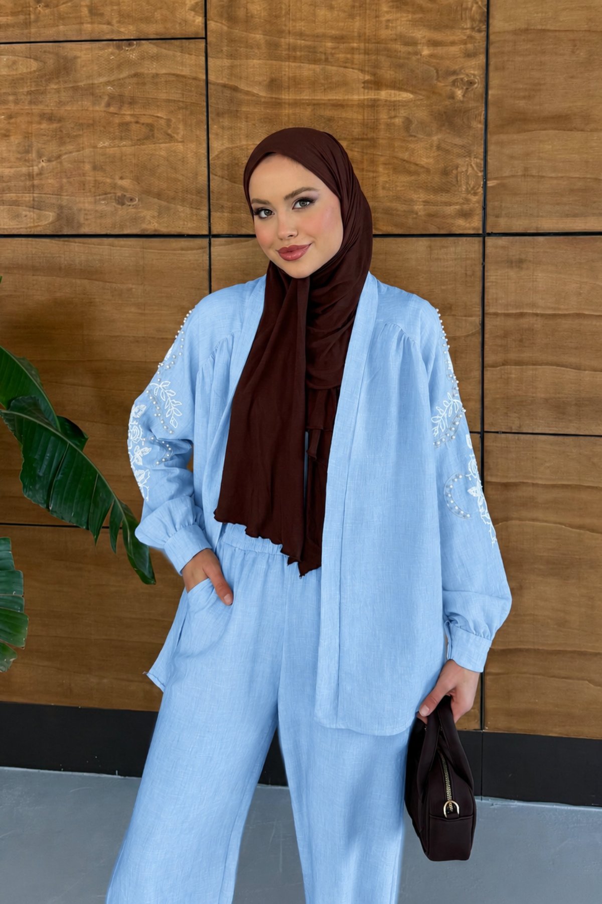 Viola İşlemeli Keten Kimono Takım - Açık Mavi