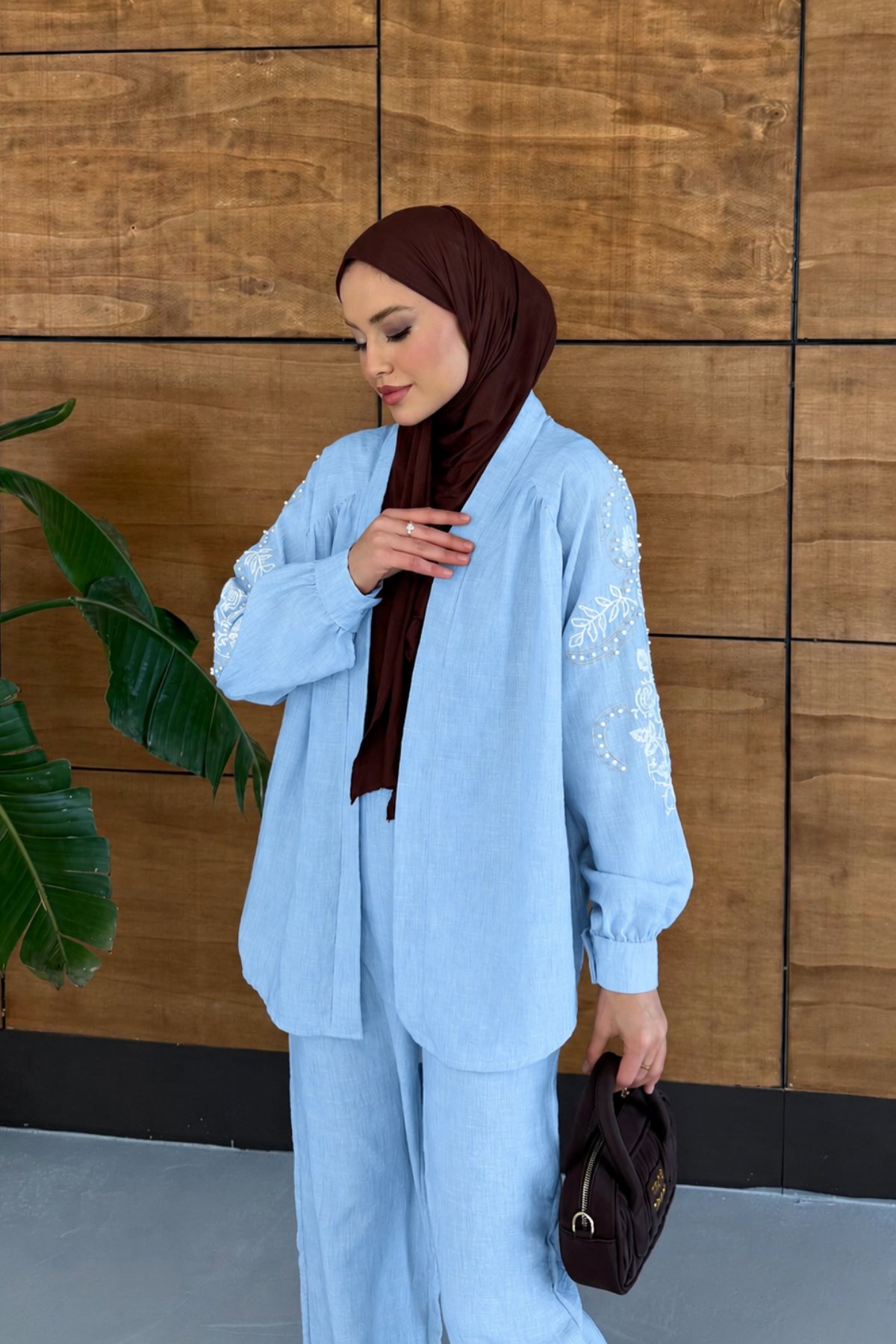 Viola İşlemeli Keten Kimono Takım - Açık Mavi