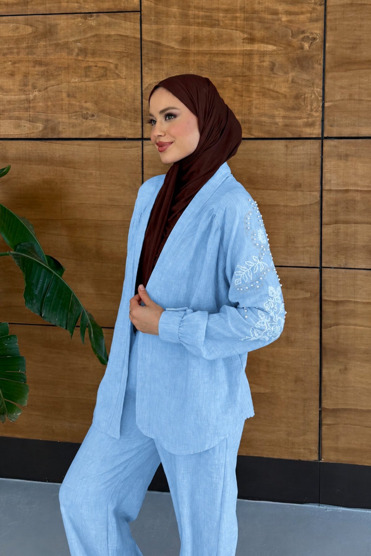 Viola İşlemeli Keten Kimono Takım - Açık Mavi