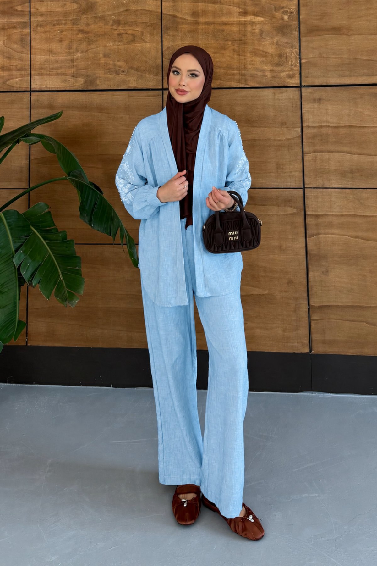 Viola İşlemeli Keten Kimono Takım - Açık Mavi