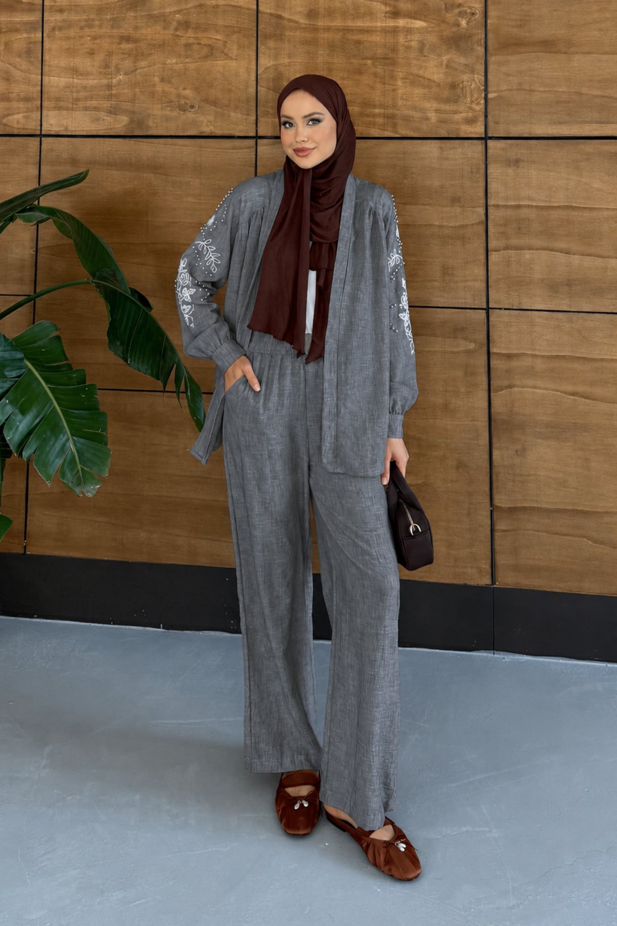 Viola İşlemeli Keten Kimono Takım - Antrasit