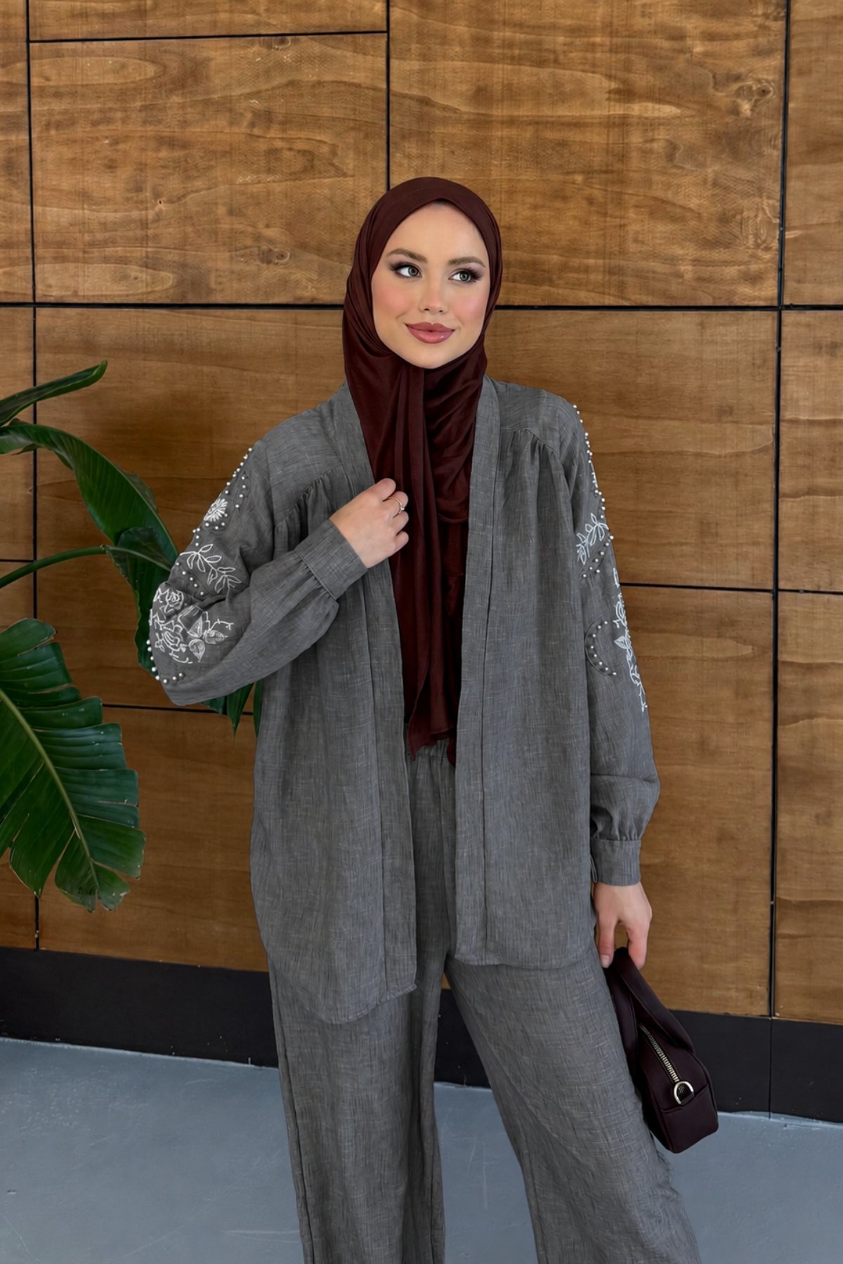 Viola İşlemeli Keten Kimono Takım - Antrasit
