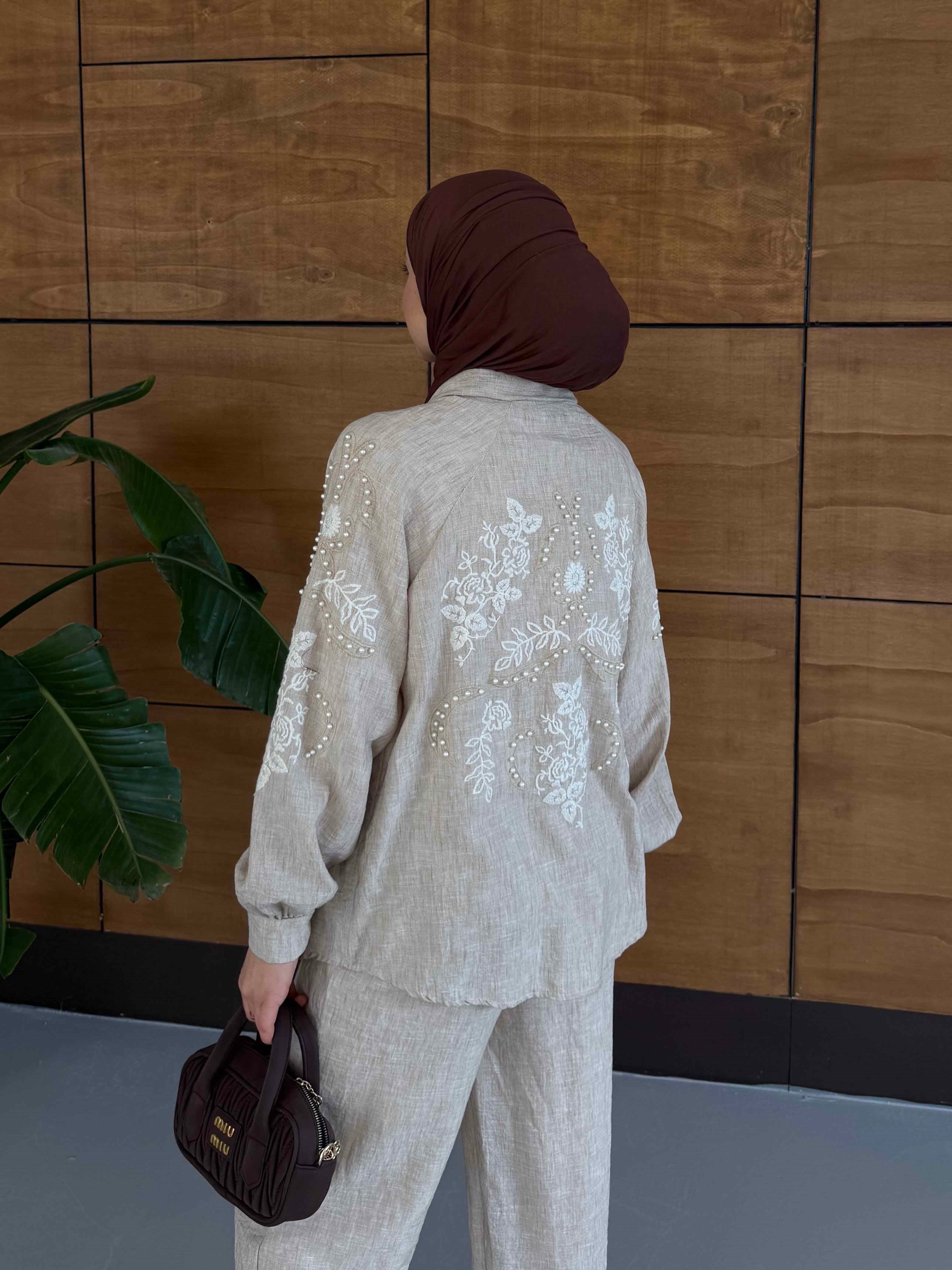 Viola İşlemeli Keten Kimono Takım - Kahve