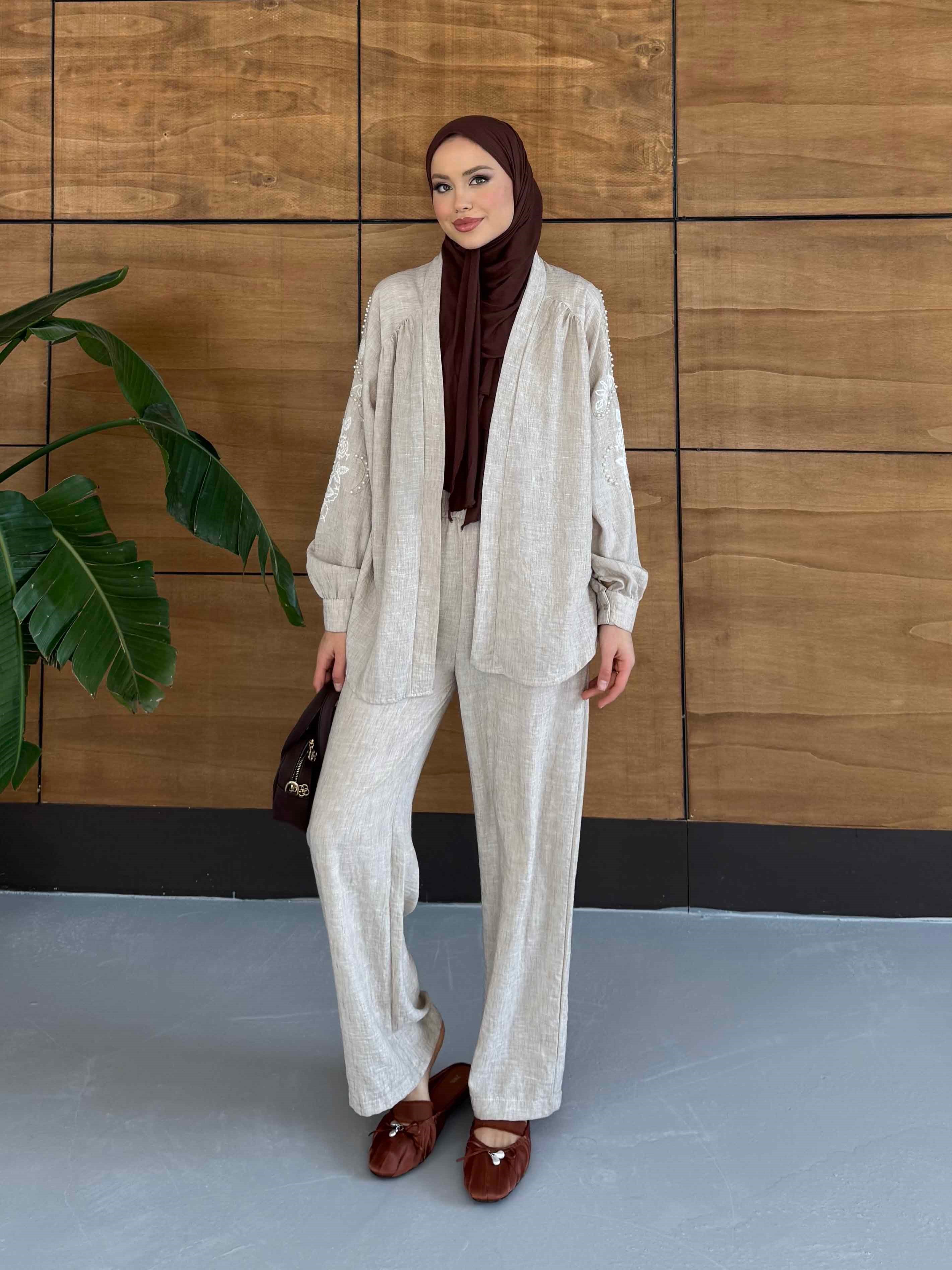 Viola İşlemeli Keten Kimono Takım - Kahve