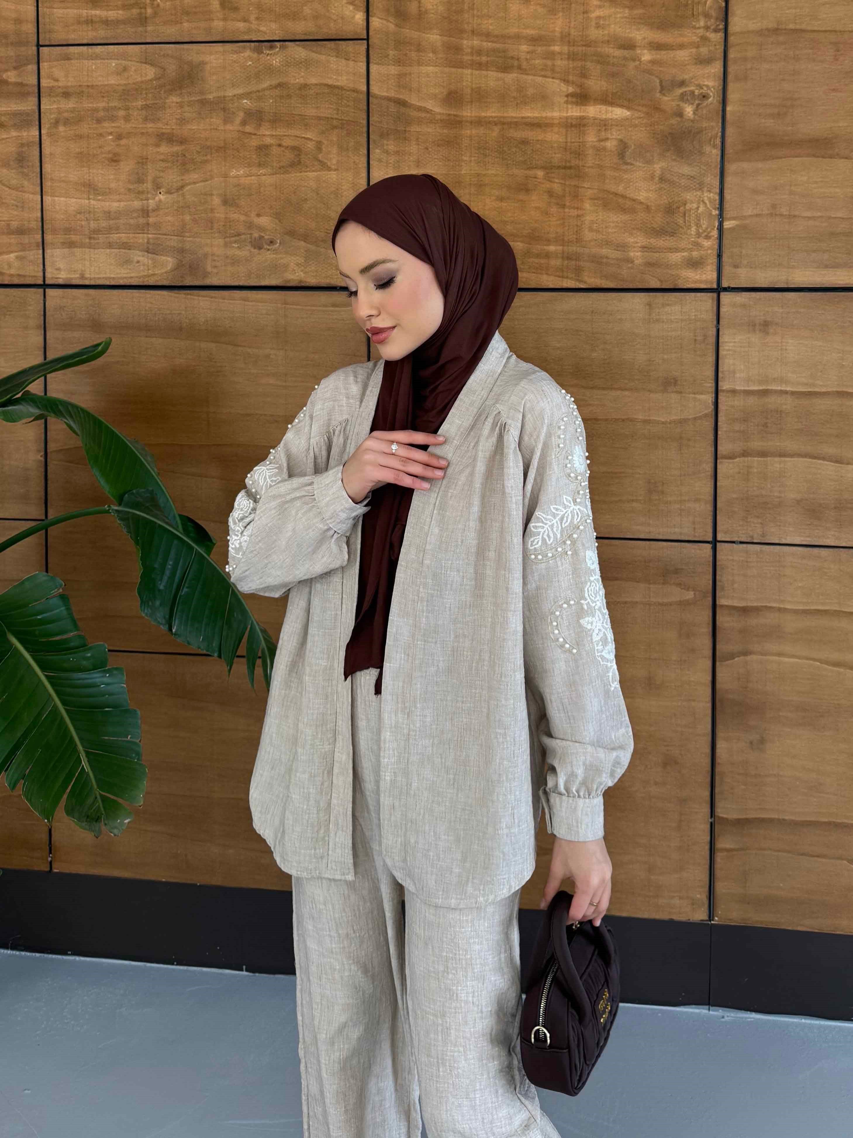 Viola İşlemeli Keten Kimono Takım - Kahve