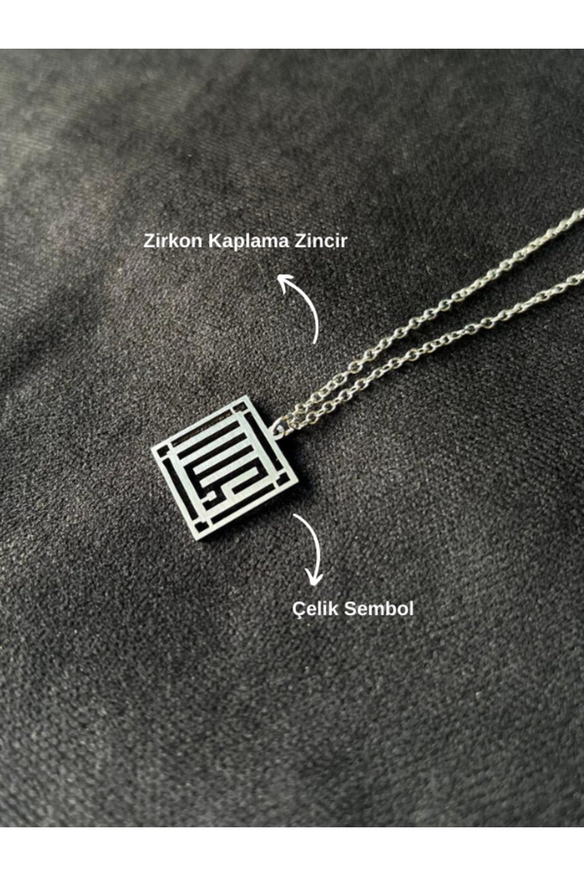 Allah Yazılı Kufi Çelik Kolye Zirkon Kaplama Zincir Maneviyat Kolye Allah Yazılı Kufi Gümüş Renk