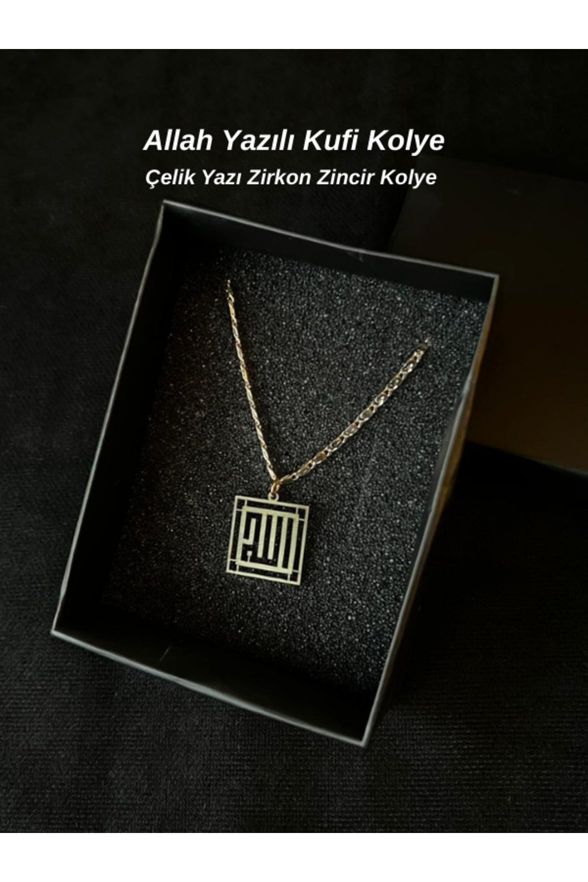 Allah Yazılı Kufi Çelik Kolye Zirkon Kaplama Zincir Maneviyat Kolye Allah Yazılı Kufi