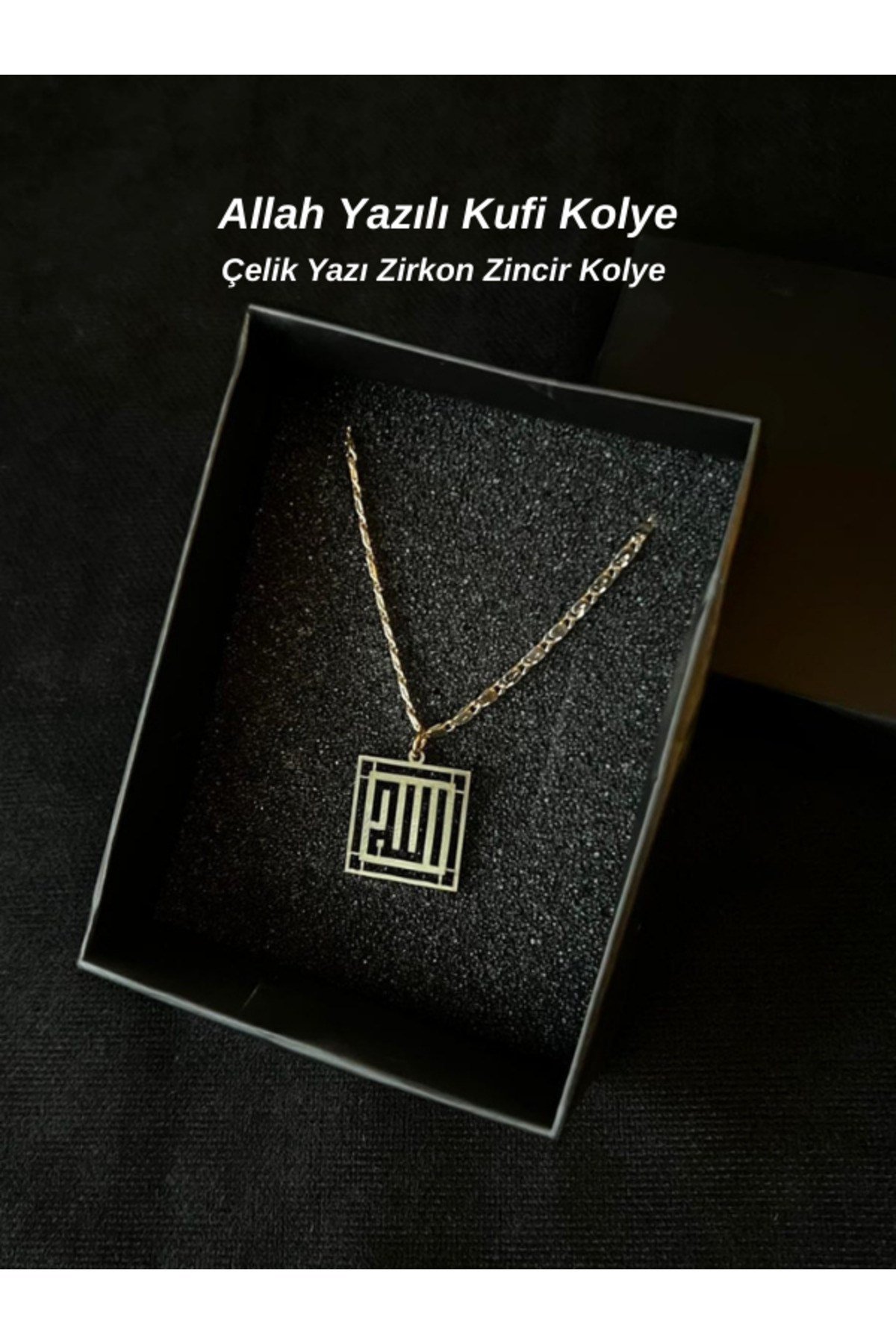 Allah Yazılı Kufi Çelik Kolye Zirkon Kaplama Zincir Maneviyat Kolye Allah Yazılı Kufi