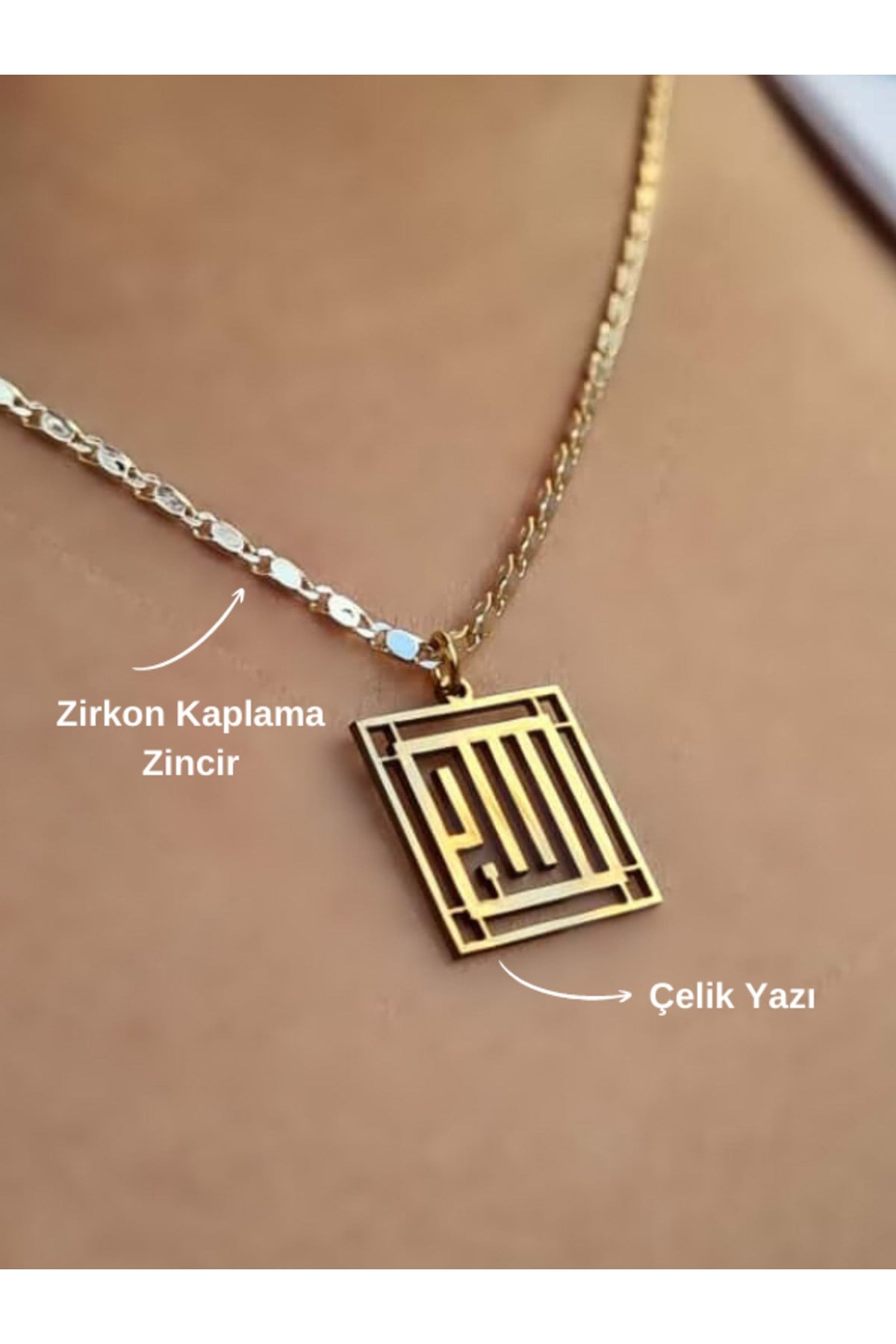 Allah Yazılı Kufi Çelik Kolye Zirkon Kaplama Zincir Maneviyat Kolye Allah Yazılı Kufi