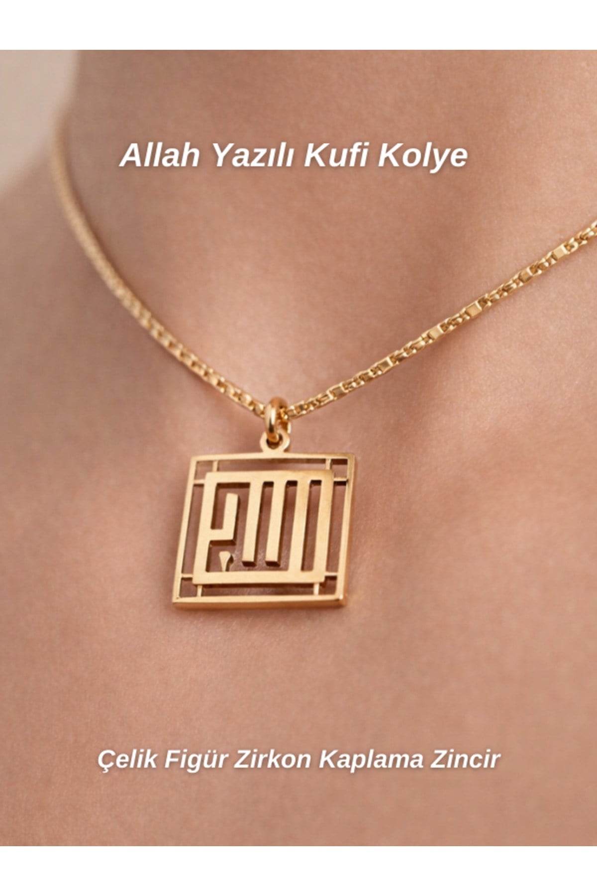 Allah Yazılı Kufi Çelik Kolye Zirkon Kaplama Zincir Maneviyat Kolye Allah Yazılı Kufi