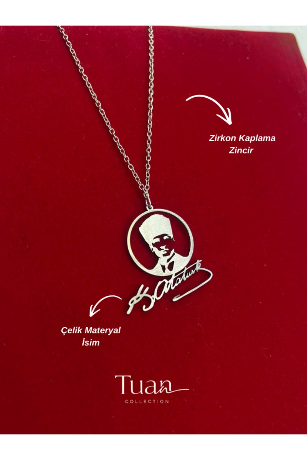 Atatürk Portreli Atatürk İmzalı Çelik Sembol Zirkon Kaplama Lazer Kesim Kolye Gümüş