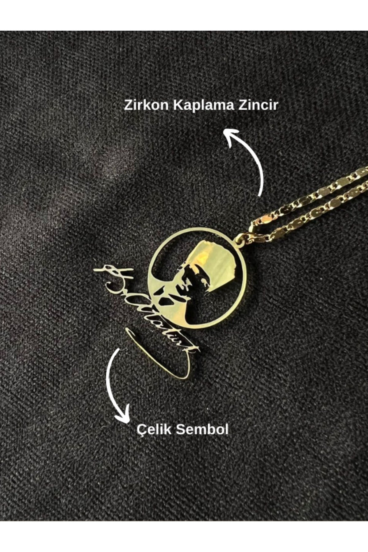 Atatürk Portreli Atatürk İmzalı Çelik Sembol Zirkon Kaplama Lazer Kesim Kolye Gold