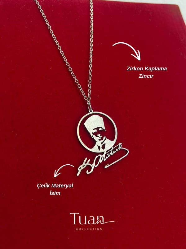 Atatürk Portreli Atatürk İmzalı Çelik Sembol Zirkon Kaplama Lazer Kesim Kolye Gümüş