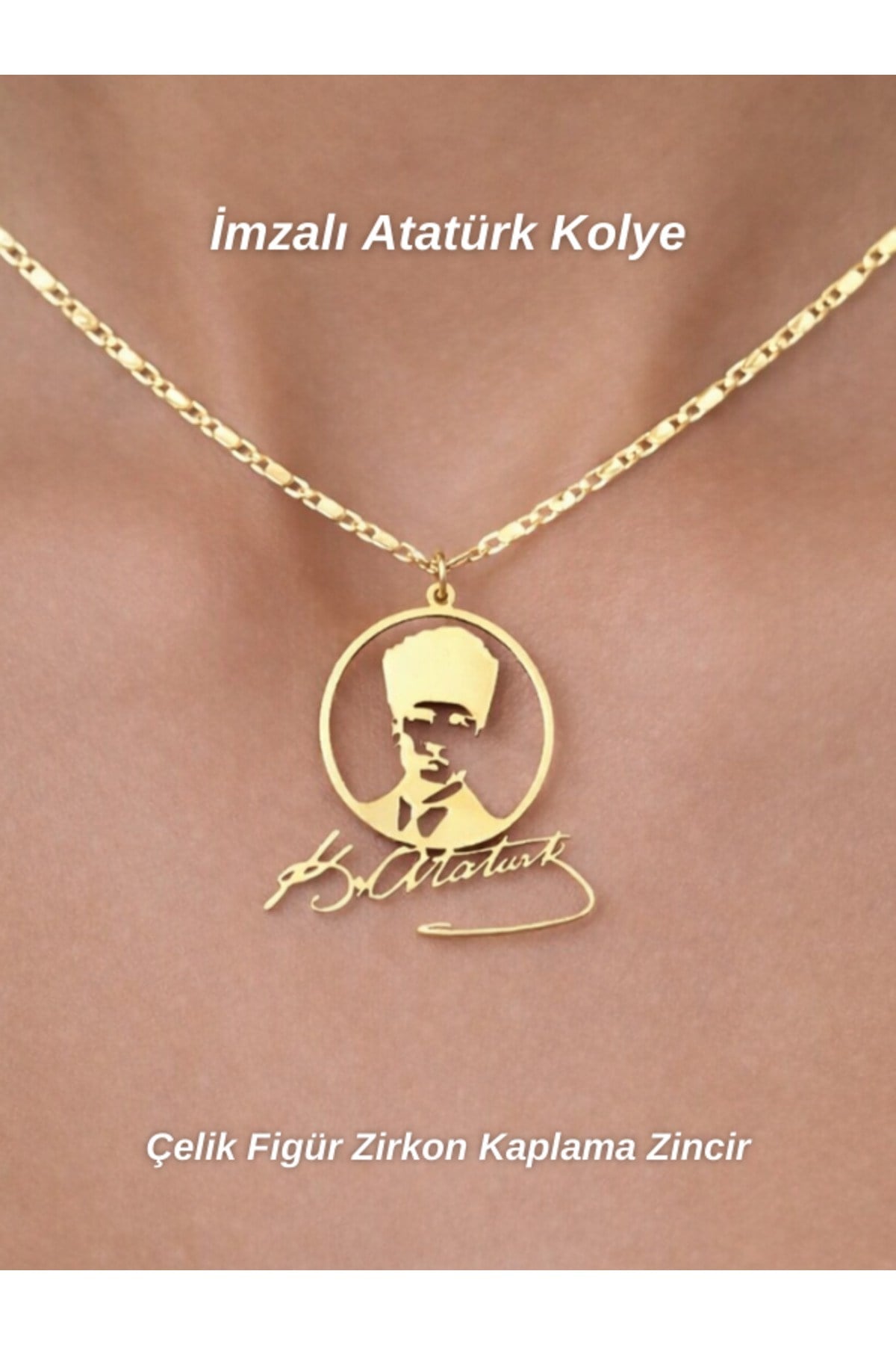 Atatürk Portreli Atatürk İmzalı Çelik Sembol Zirkon Kaplama Lazer Kesim Kolye Gold
