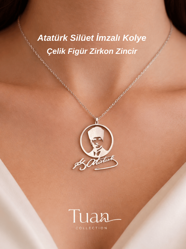 Atatürk Portreli Atatürk İmzalı Çelik Sembol Zirkon Kaplama Lazer Kesim Kolye Gümüş