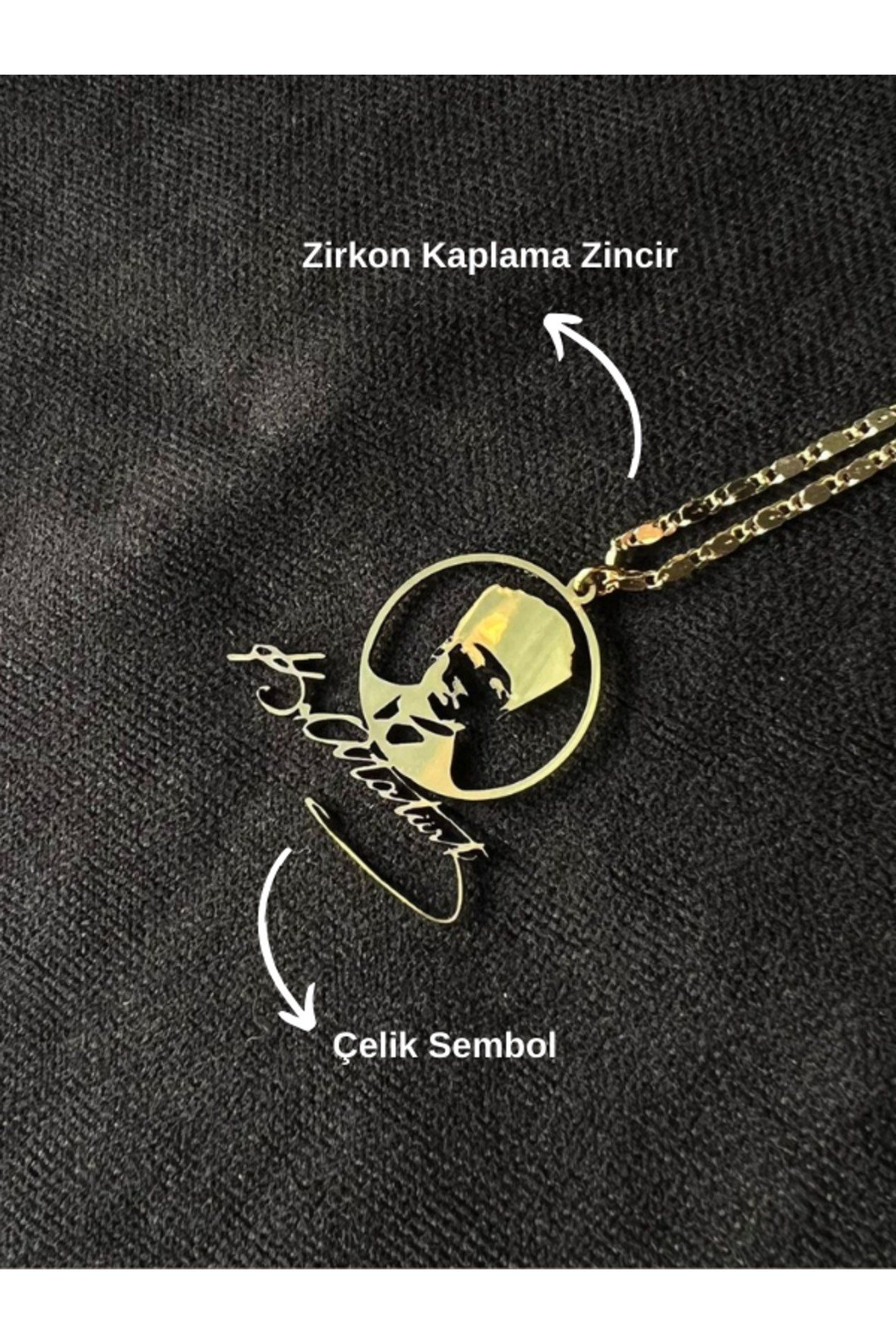 Atatürk Portreli Atatürk İmzalı Çelik Sembol Zirkon Kaplama Lazer Kesim Kolye Gold