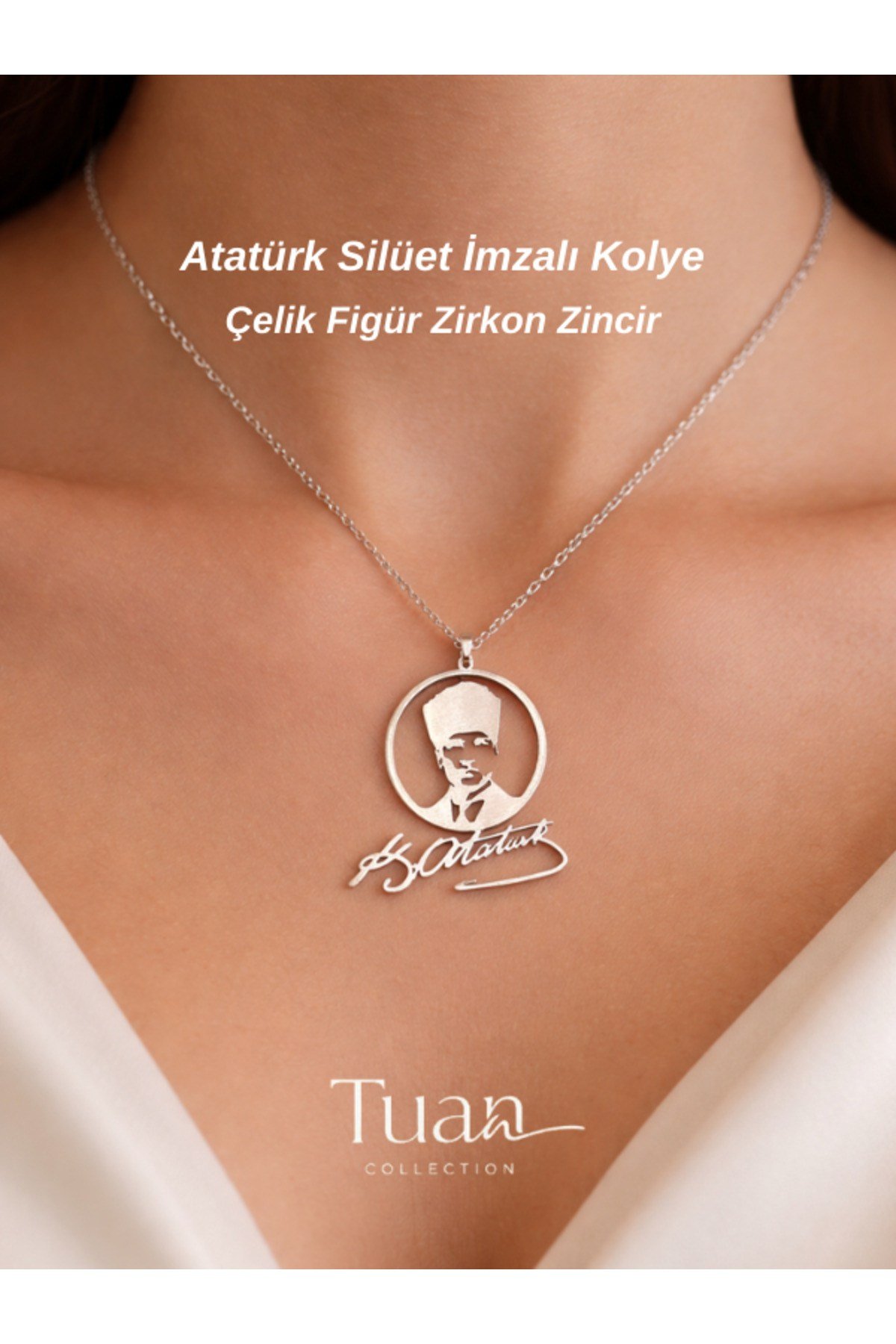 Atatürk Portreli Atatürk İmzalı Çelik Sembol Zirkon Kaplama Lazer Kesim Kolye Gümüş
