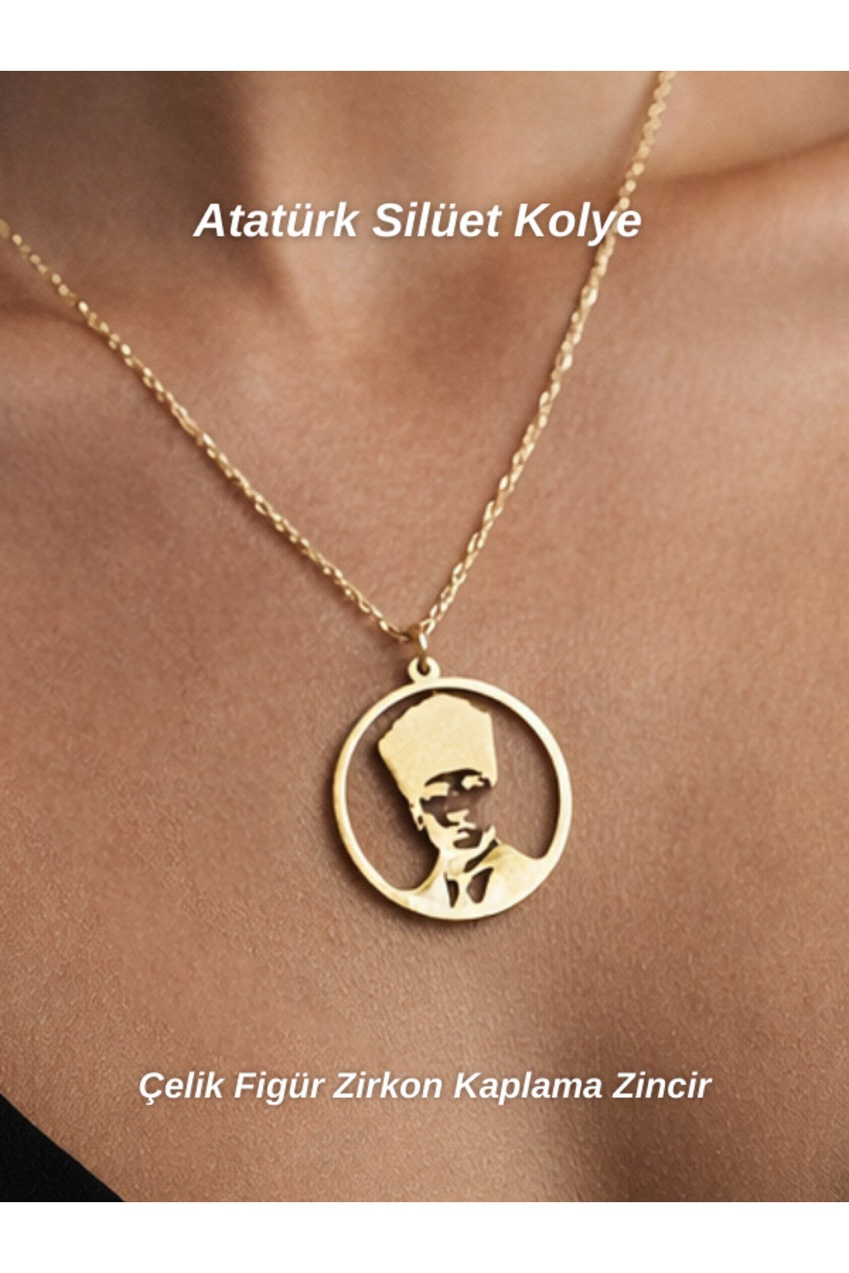 Atatürk Silüet Çelik Sembol Zrikon Kaplama Zincir Kolye Özel Tasarım Gold