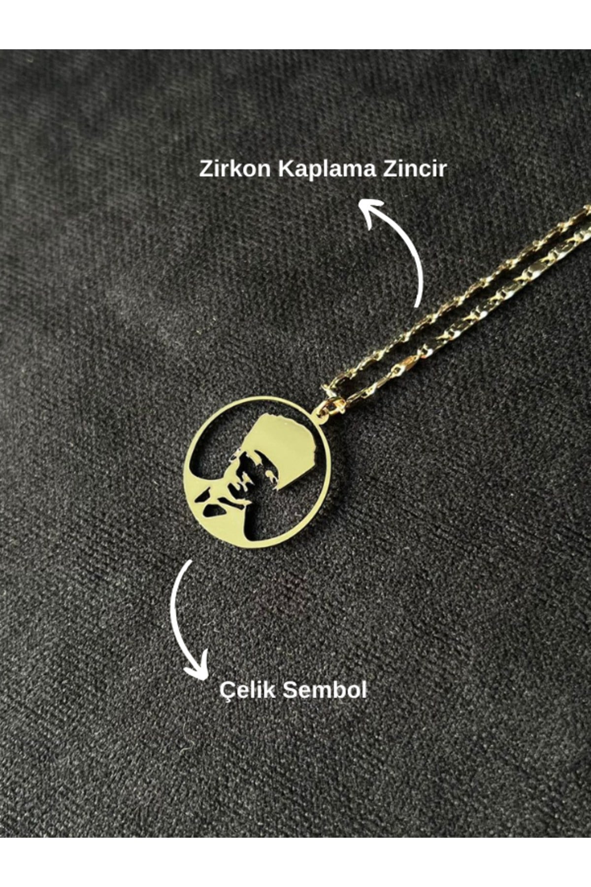 Atatürk Silüet Çelik Sembol Zrikon Kaplama Zincir Kolye Özel Tasarım Gold