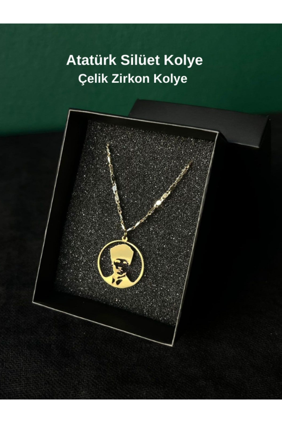 Atatürk Silüet Çelik Sembol Zrikon Kaplama Zincir Kolye Özel Tasarım Gold