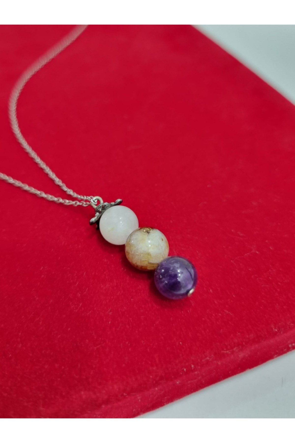 Ay Taşı, Kaplan Gözü ve Ametist Kombin Çelik Kolye (8 mm Doğal Taş)