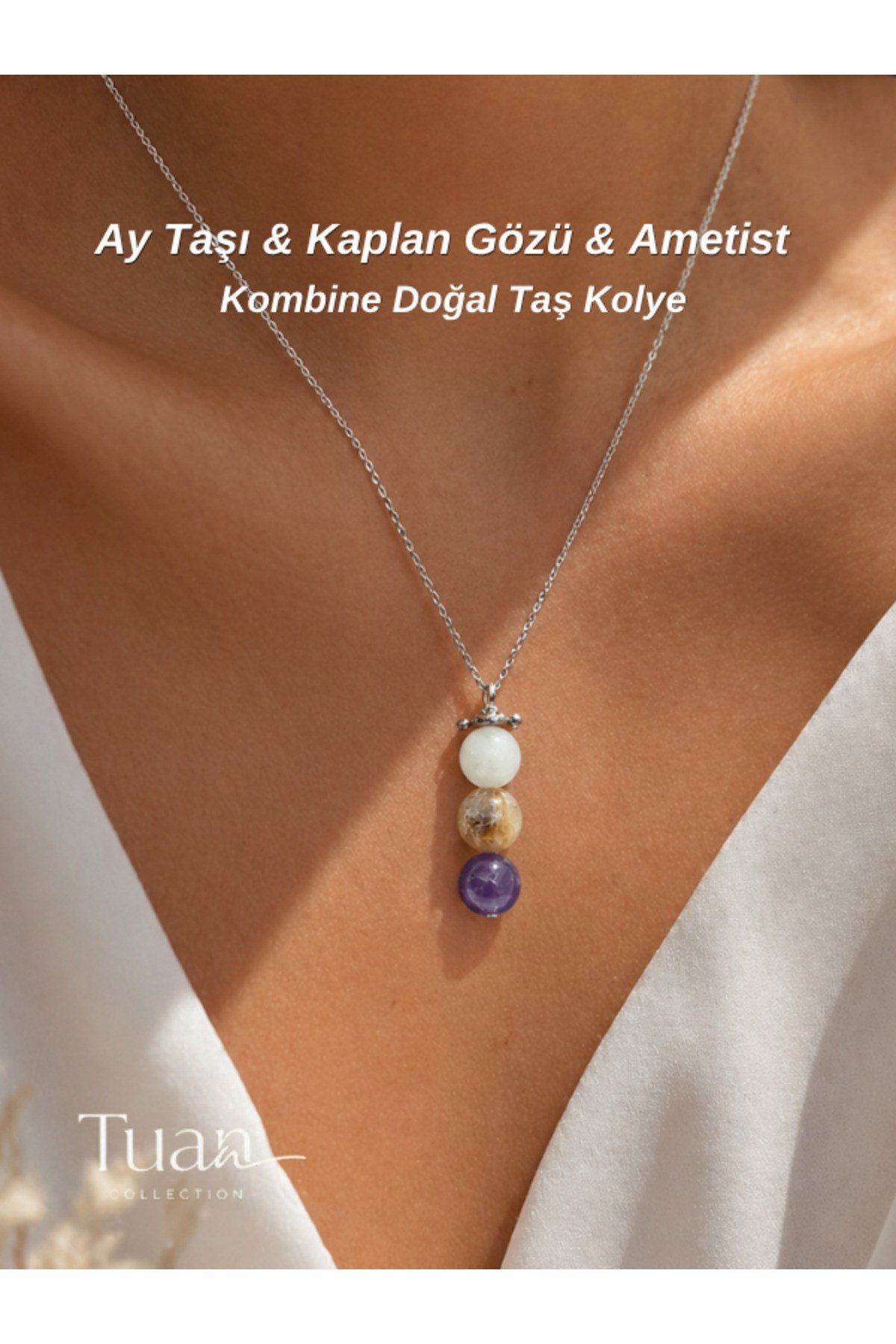 Ay Taşı, Kaplan Gözü ve Ametist Kombin Çelik Kolye (8 mm Doğal Taş)