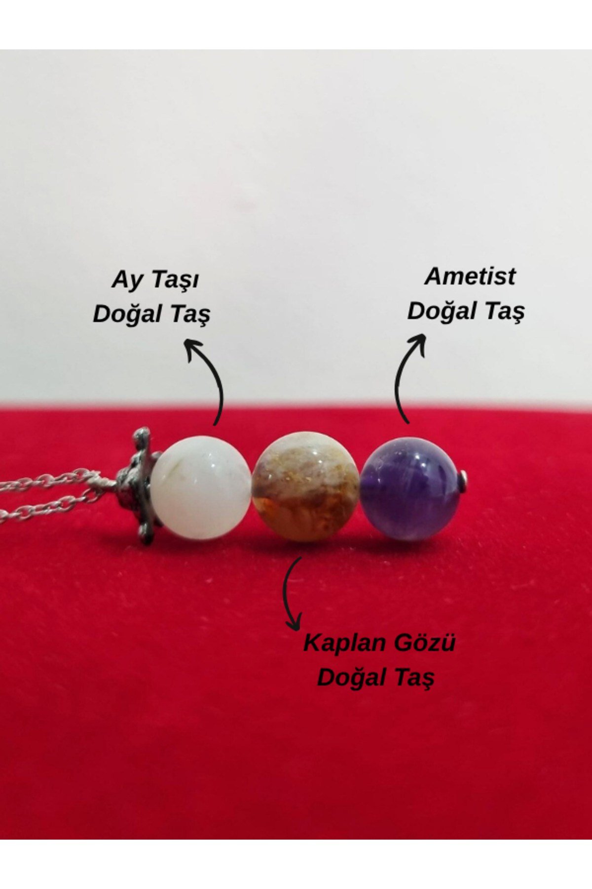Ay Taşı, Kaplan Gözü ve Ametist Kombin Çelik Kolye (8 mm Doğal Taş)