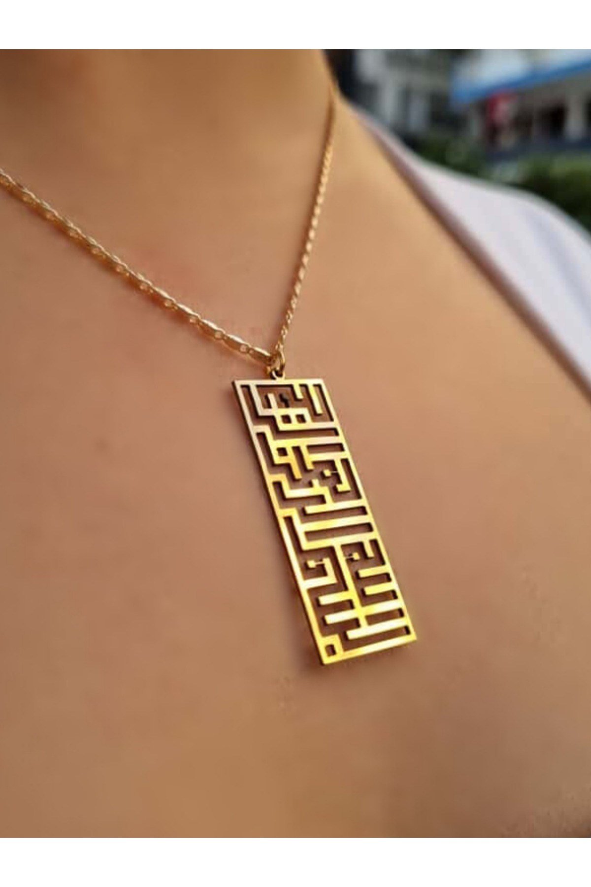 Bismillahirrahmanirrahim Yazılı Kufi Çelik Sembol Zirkon Kaplama Zincir Nazara Karşı Bereket