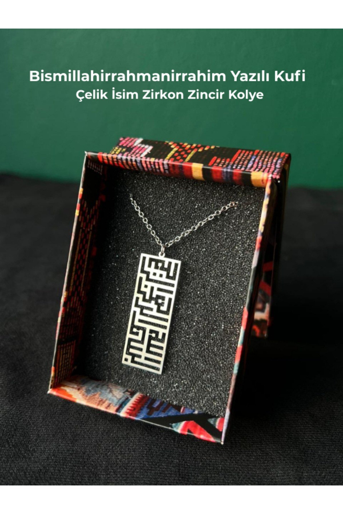 Bismillahirrahmanirrahim Yazılı Kufi Çelik Sembol Zirkon Kaplama Zincir Nazara Karşı Gümüş Renk