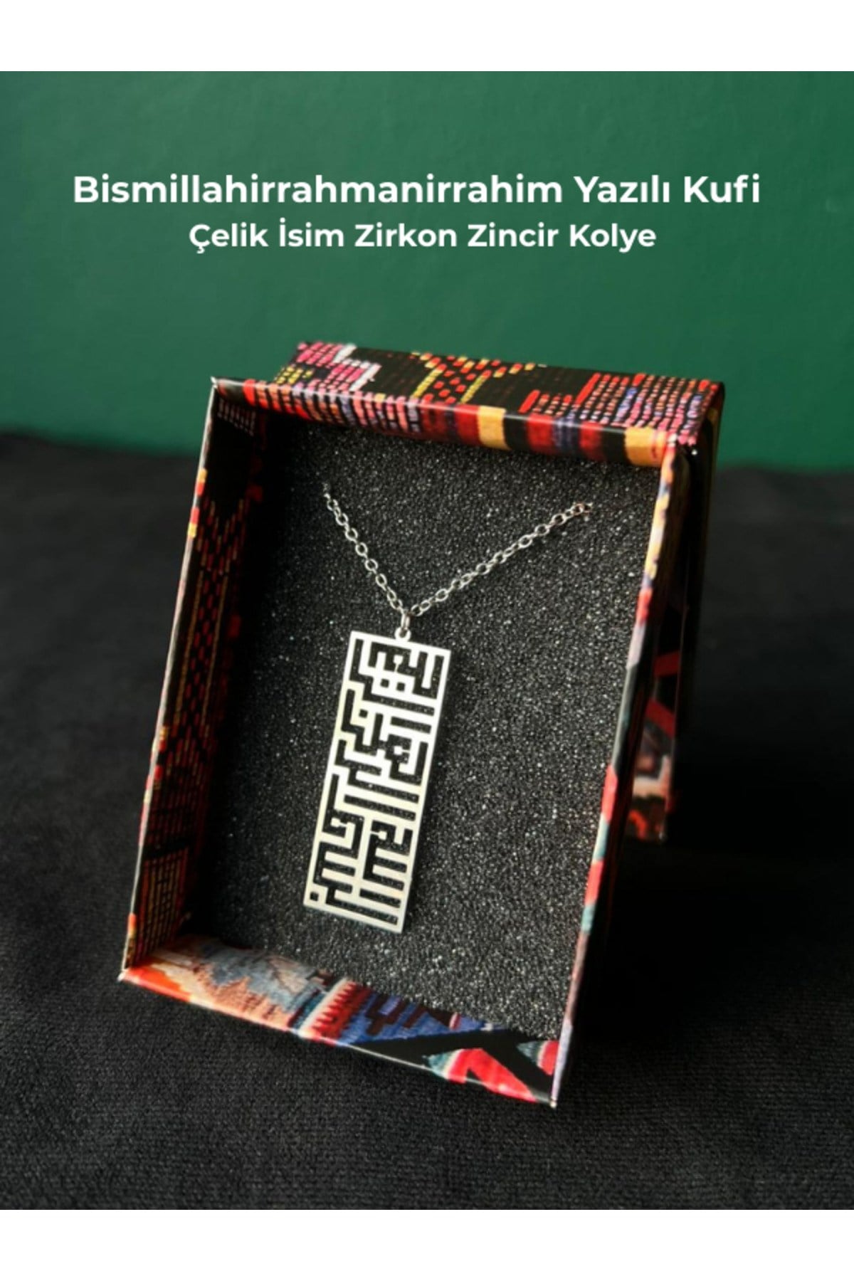 Bismillahirrahmanirrahim Yazılı Kufi Çelik Sembol Zirkon Kaplama Zincir Nazara Karşı Gümüş Renk