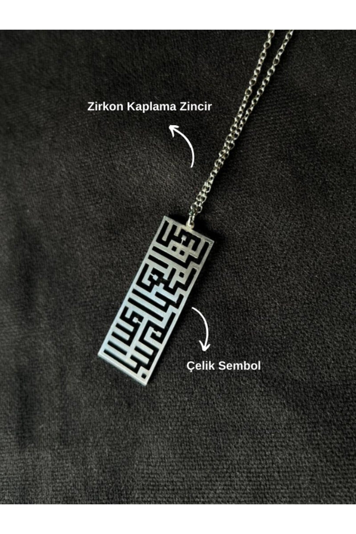 Bismillahirrahmanirrahim Yazılı Kufi Çelik Sembol Zirkon Kaplama Zincir Nazara Karşı Gümüş Renk