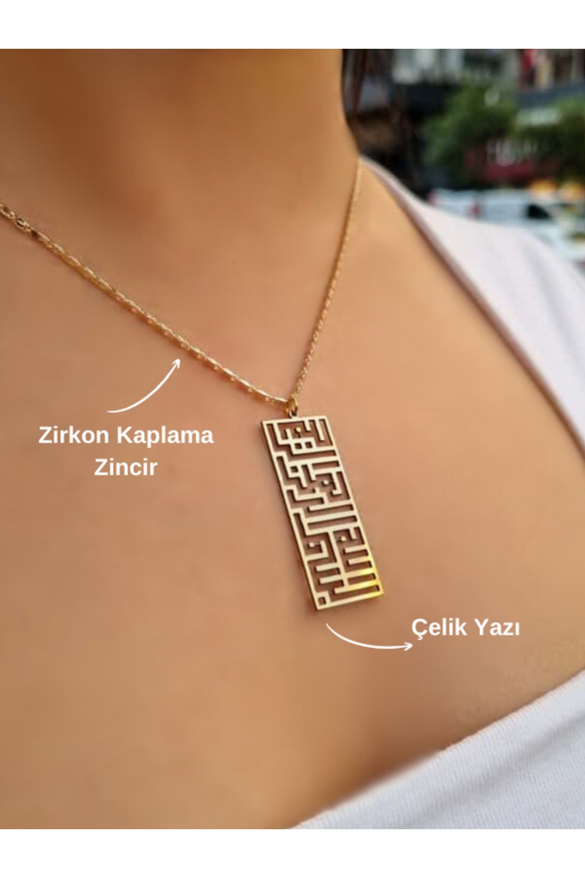 Bismillahirrahmanirrahim Yazılı Kufi Çelik Sembol Zirkon Kaplama Zincir Nazara Karşı Bereket