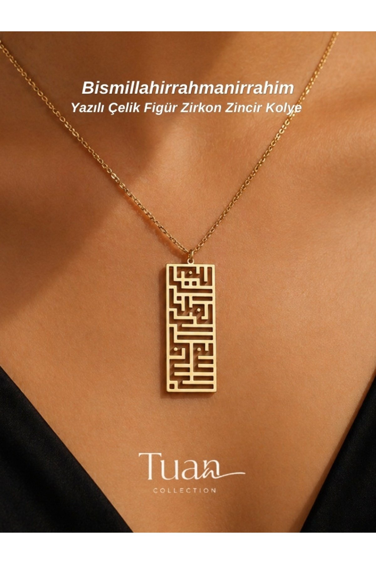 Bismillahirrahmanirrahim Yazılı Kufi Çelik Sembol Zirkon Kaplama Zincir Nazara Karşı Bereket