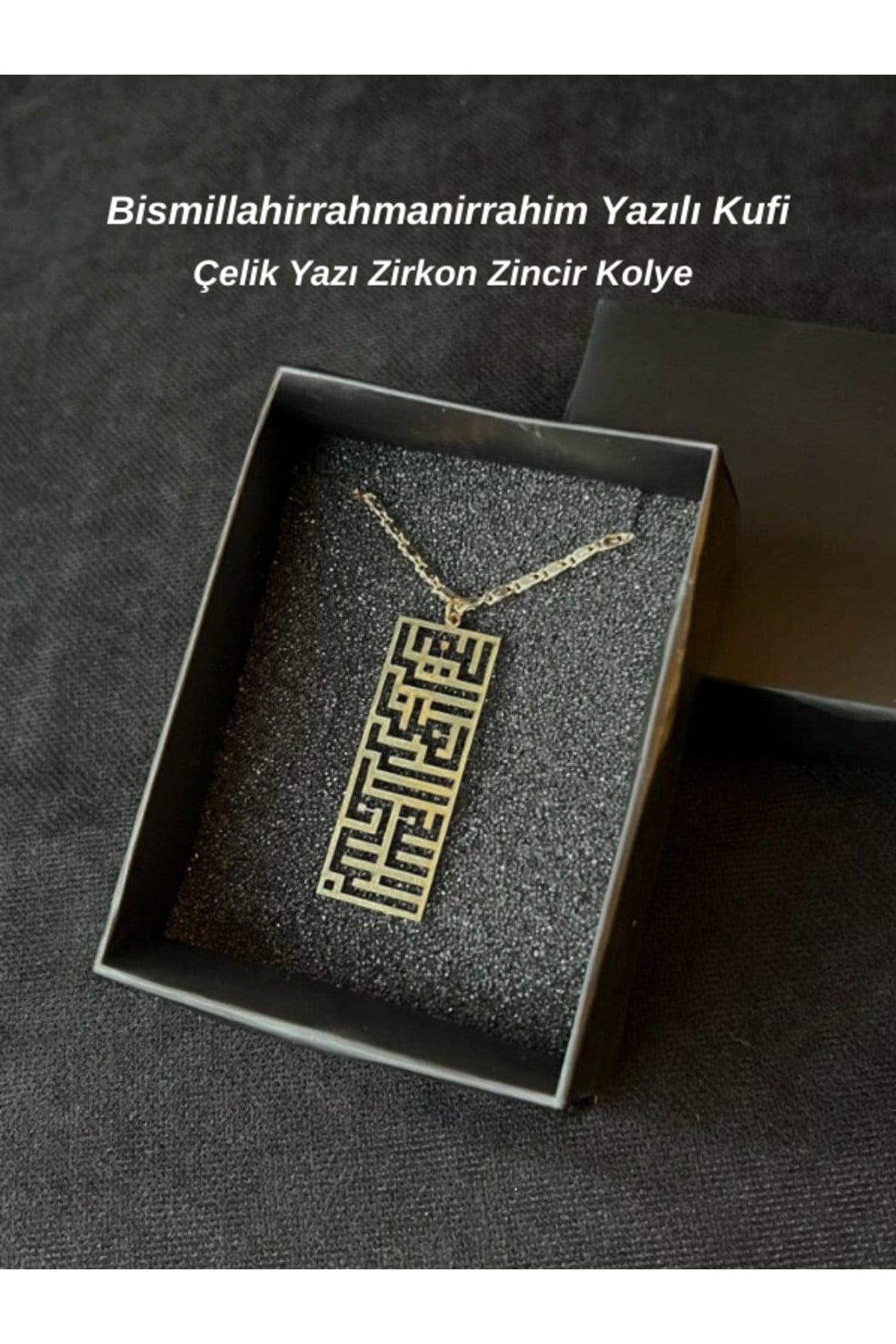 Bismillahirrahmanirrahim Yazılı Kufi Çelik Sembol Zirkon Kaplama Zincir Nazara Karşı Bereket