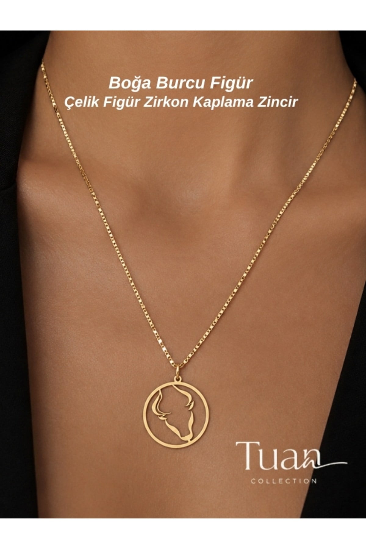 Boğa Burcuna Özel Çelik Figür Zirkon Altın Kaplama Kolye Boğa Burcu Figür