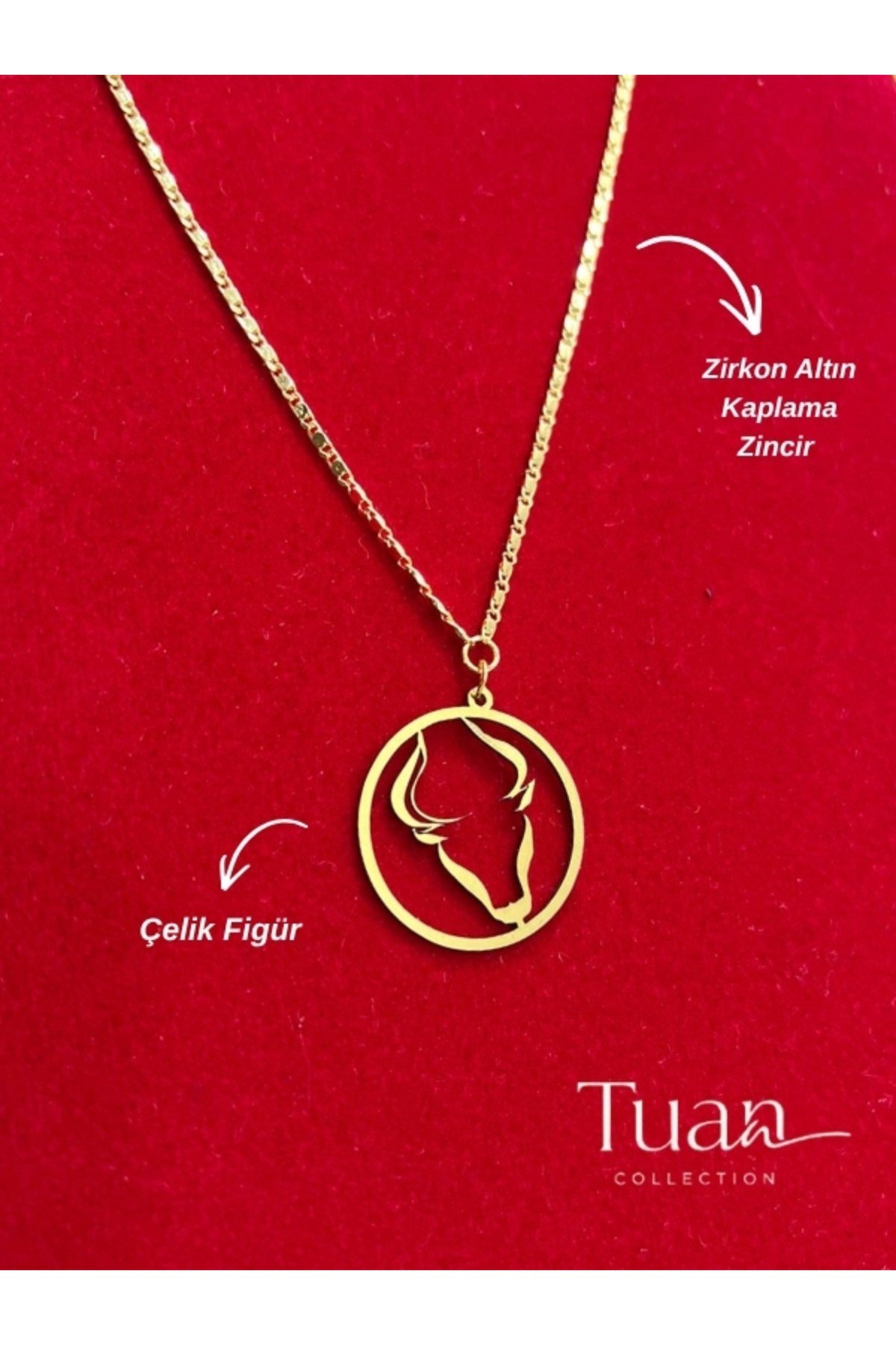 Boğa Burcuna Özel Çelik Figür Zirkon Altın Kaplama Kolye Boğa Burcu Figür