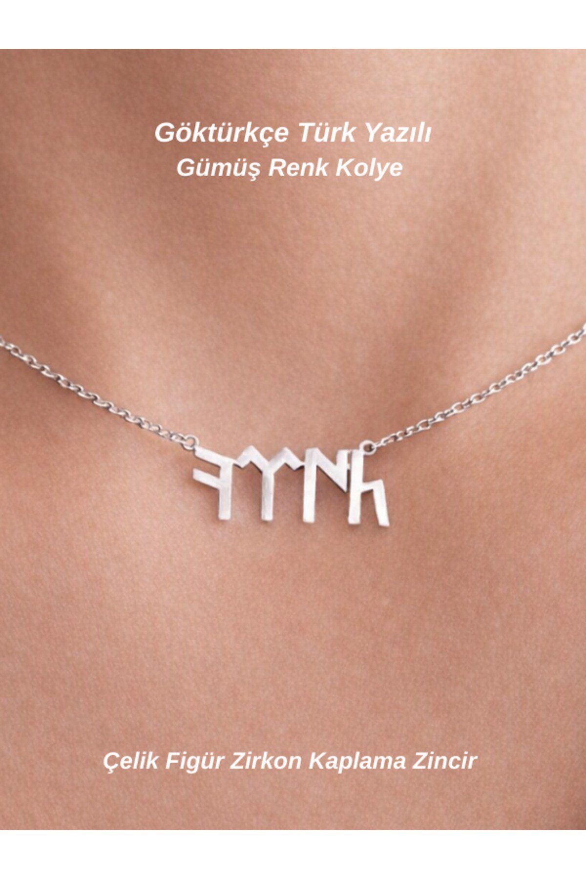 Göktürkçe Türk Yazılı Çelik İsim Zirkon Kaplama Zincir Gümüş Renk Kolye Türk Yazılı Kolye