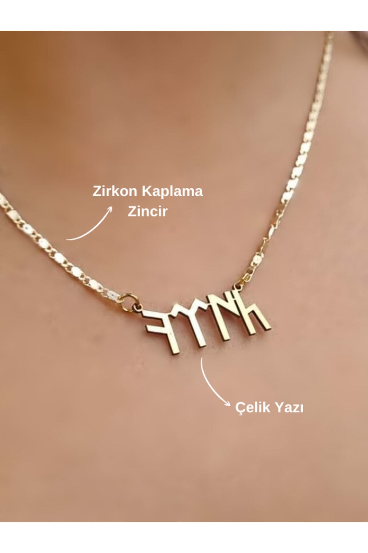 Göktürkçe Türk Yazılı Çelik İsim Zirkon Kaplama Zincir Kolye Türk Yazılı Kolye