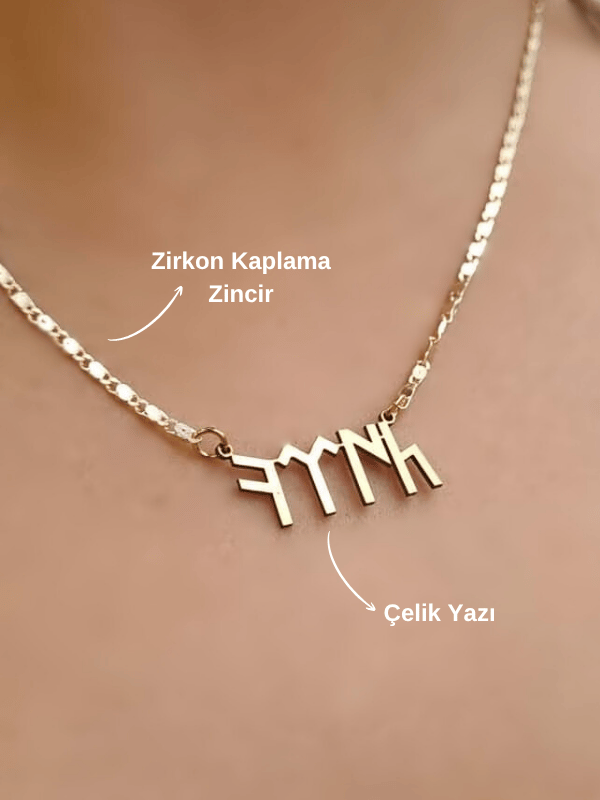 Göktürkçe Türk Yazılı Çelik İsim Zirkon Kaplama Zincir Kolye Türk Yazılı Kolye