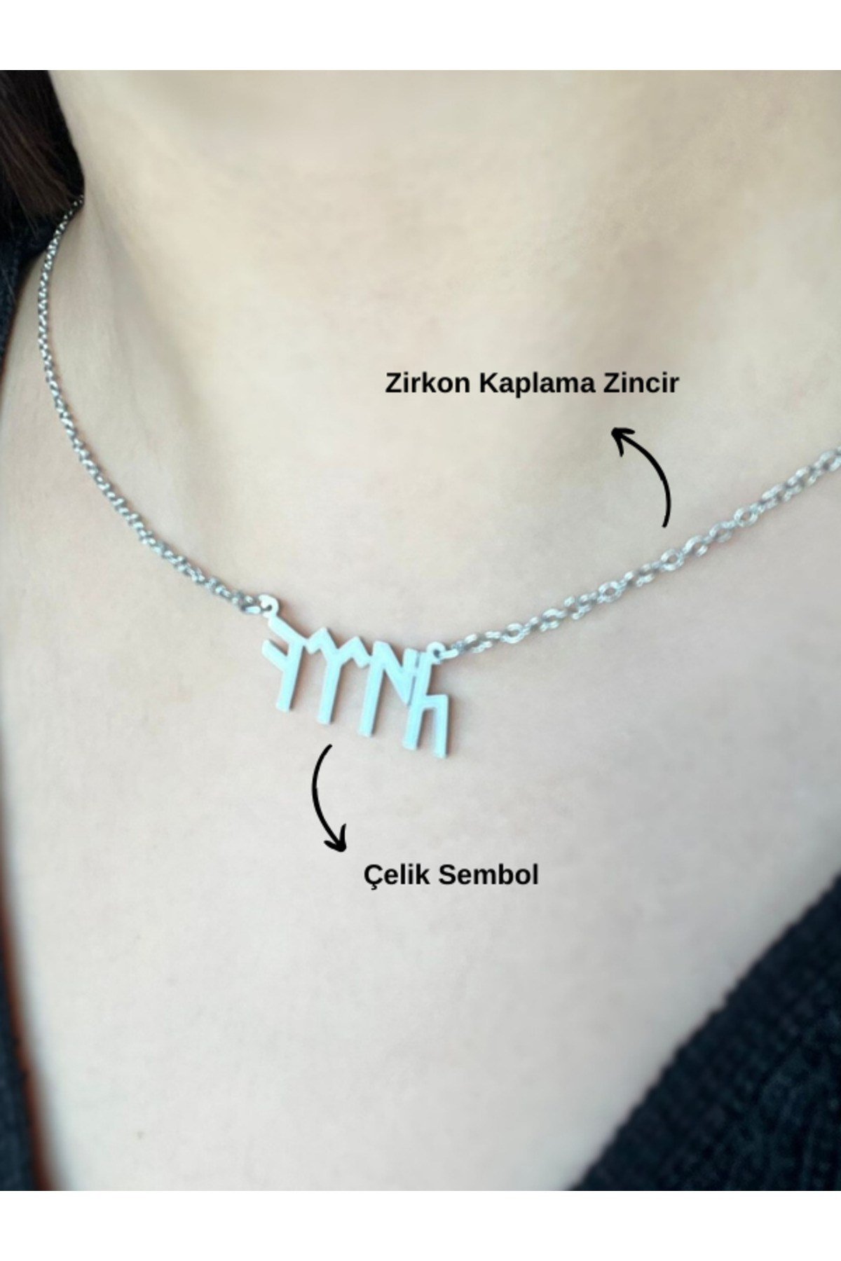Göktürkçe Türk Yazılı Çelik İsim Zirkon Kaplama Zincir Gümüş Renk Kolye Türk Yazılı Kolye