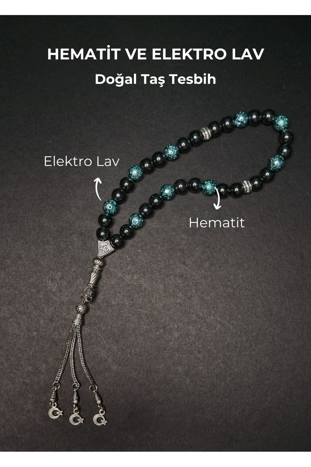 Hematit & Elektro Lav Kombin Doğal Taş Şifa Tesbihi Küre Kesim