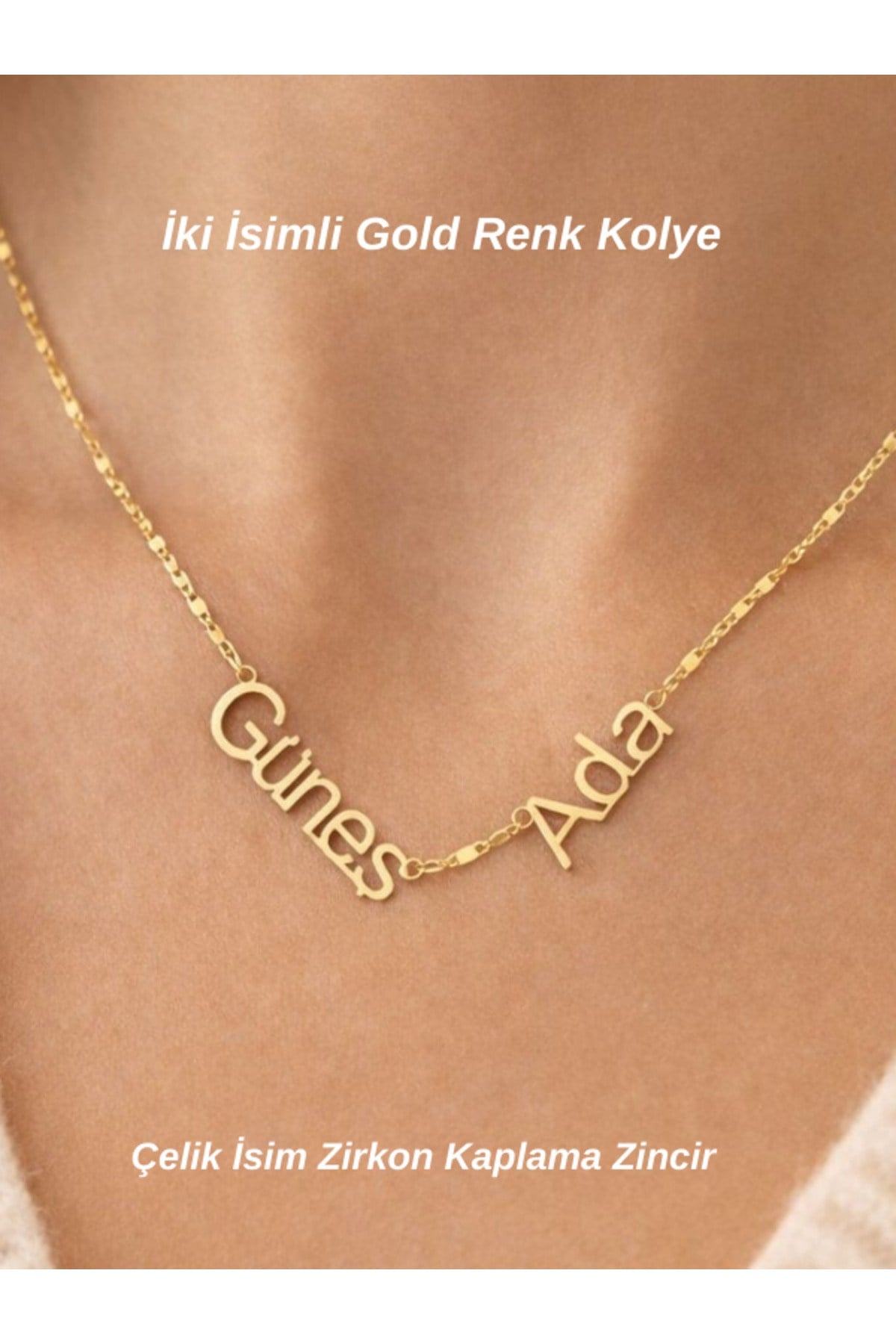İkili İsim Kolye Çelik İsim Zirkon Kaplama Zincir Düz Font Zarif Tasarım