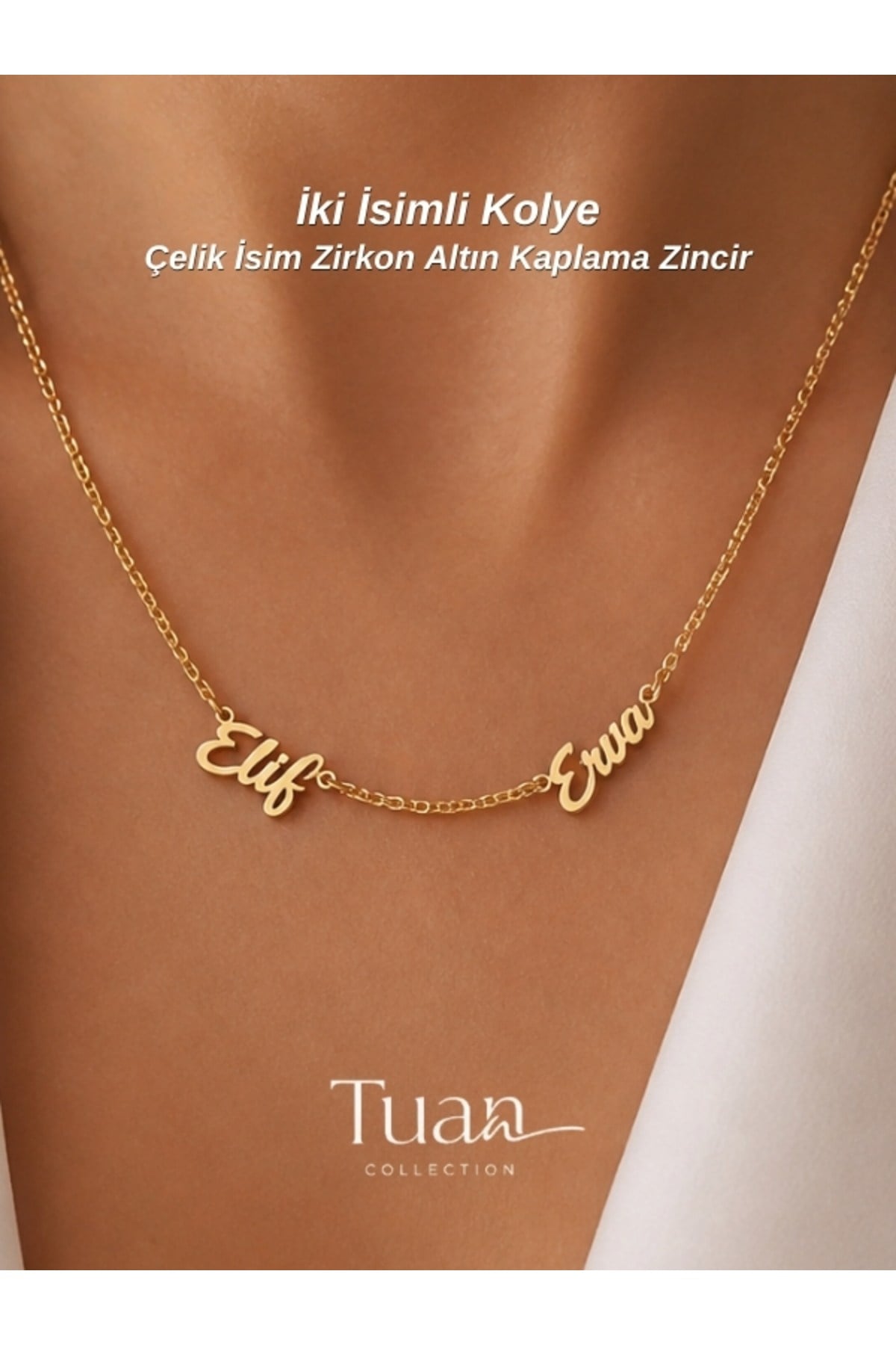 İkili İsim Kolye Çelik İsim Zirkon Kaplama Zincir İtalik Font Zarif Tasarım