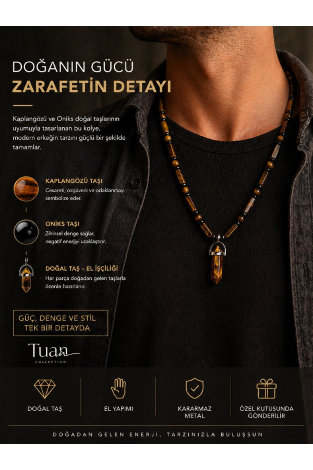 Kaplan Gözü Oniks Doğal Taş Kolye Özel Tasarım Kolye İçsel Huzur Odaklanma Cesaret Kararlılık Taşı