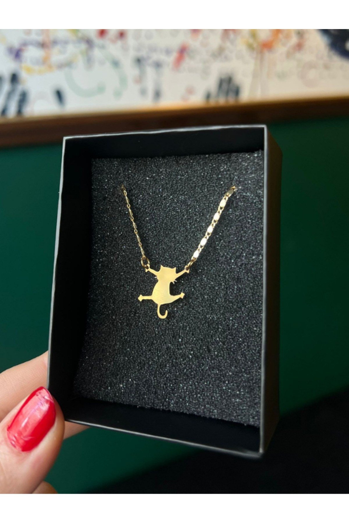 Kedi Figür Çelik Figür Zirkon Kaplama Zincir Kolye Kedi Gold Kolye